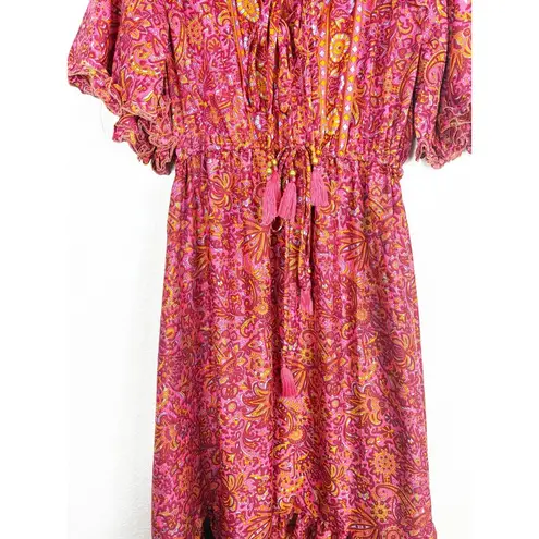 Vintage Tiered Bohemian Red Paisley Maxi Dress Tassel Stretch Silk Blend OS Size M