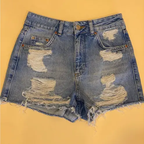 Topshop  Moto Mom Blue Medium Wash Distressed High Waisted Denim Shorts Size 2