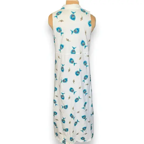 Vintage 90s White Cotton Maxi Shirt Dress Fish Seashell Shell Print Sleeveless Size M
