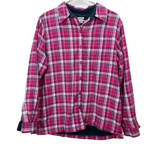 LL Bean Pink Plaid Fleece Lined Flannel Shirt Jacket Shacket MEDIUM