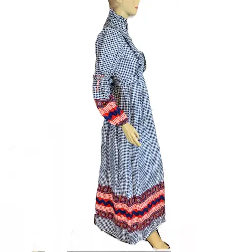 VINTAGE 1970'S BLUE, WHITE & RED GINGHAM PRINT RAE DOLLS COTTON PRAIRIE DRESS S Blue
