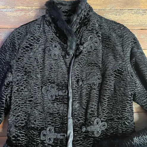 Cuero Faux Lamb Fur Coat w Real Rabbit Fur Trim Steampunk Victorian