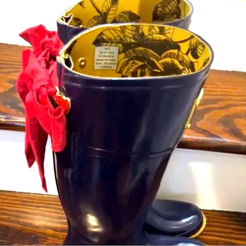 JOULES EVEDON Navy Blue Tall Rain Boots with Red Grosgrain Bows US Size 8