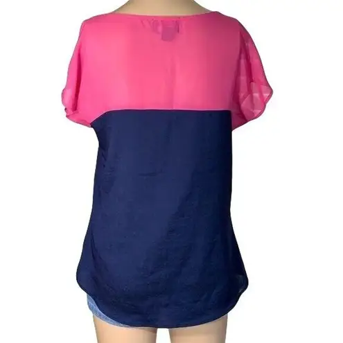 Hot Tempered Womens Blouse Top Shirt Colorblock Silky Pullover Pink Blue Medium