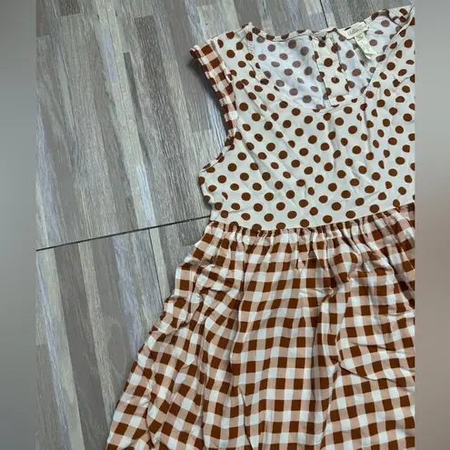 Matilda Jane women’s sleeveless babydoll top brown/ cream with plaid/polkadots