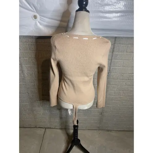 Le Lis Collection Long Sleeve Square Neck Bodysuit Beige Ribbon Tie Women's L Tan Size L