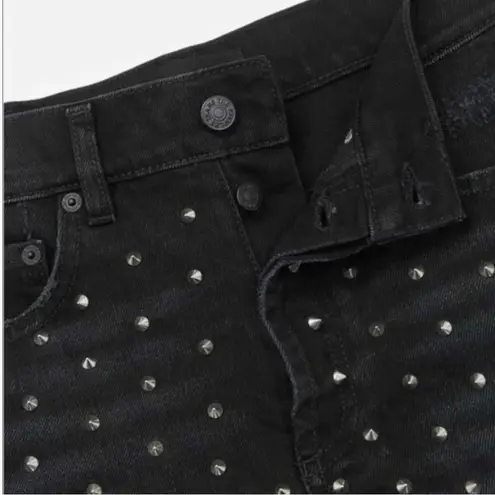 The Kooples Studded Denim Distressed Fray Cheeky Mini Shorts Black