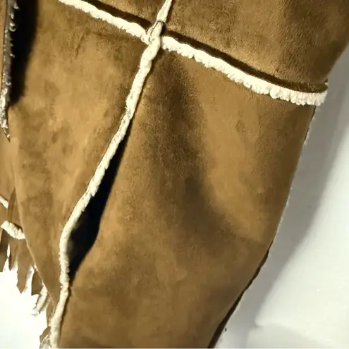 Vintage Lei Faux Suede Vest Large Brown Sheepskin Y2K Fringe Hem Button Front