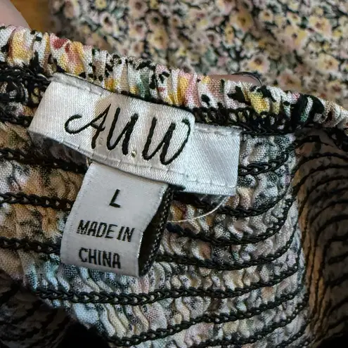 AUW Womens Large Black Yellow Floral Retro Tie Front Smocked Midi Dress Spring