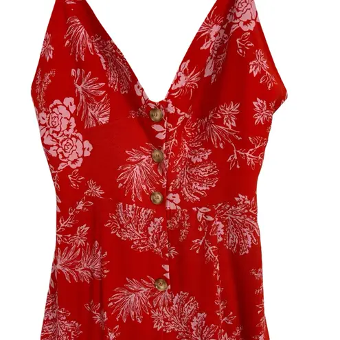 Free People  Jumpsuit Floral Red Flutter Sleeve Button‎ Up "Be The One" Size 2