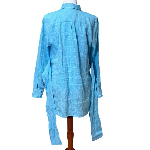 120% Lino Linen Teal Womens Long Sleeve Button Down Tunic Top Cinch Waist Tie M Blue Size M