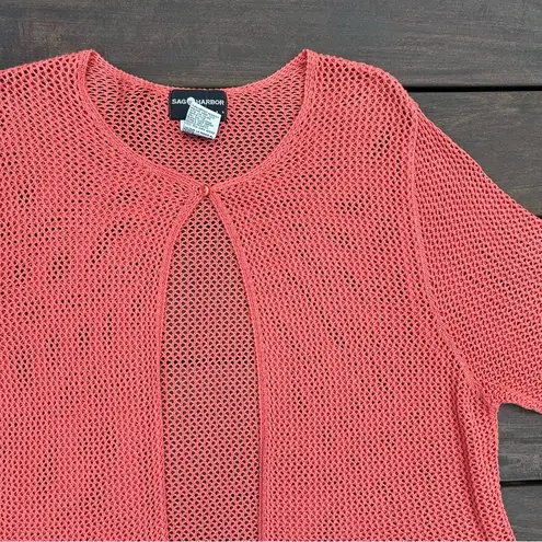 Salmon Pink Vintage Cotton Sag Harbor Crochet Netted Short Sleeve Cardigan Size XL