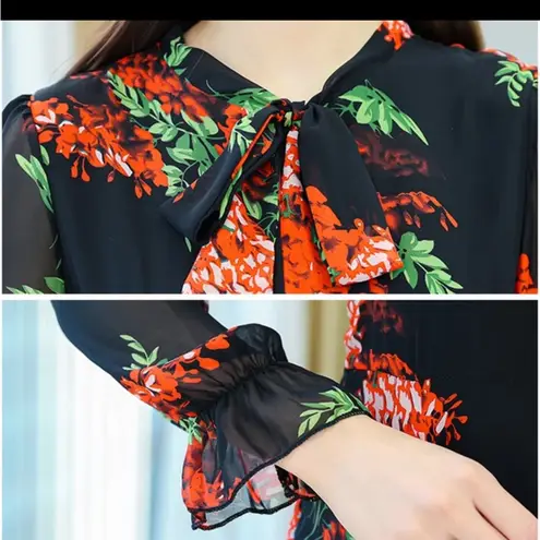 Black Red Floral Tie Bow Neck Maxi Long Dress Sheer Long Sleeve size 14 NWT
