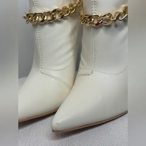 Cape Robbin  Joelle White Ankle Boots Gold Chain Pointed Toe Heels Size6(B79) - Image 5
