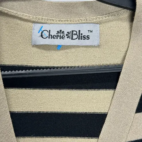 Elegant Beige and Black Striped Cardigan with Red Accents Tan Size M