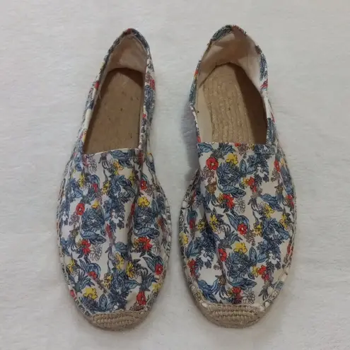 Soludos Multicolored Floral Leaf Print Canvas Jute Slip On Flat Espadrilles