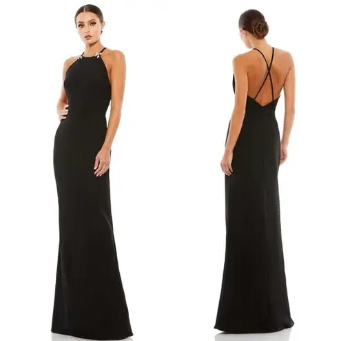 Mac Duggal 26618 Bow Halter Criss-Cross Black Column Gown Size 6 NWT