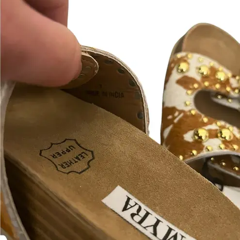 NWT Myra Dumble Leather Cowhair Studded Strappy Buckle Slide In Sandals Sz 7 White