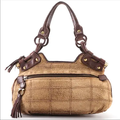 Salvatore Ferragamo TAN & BROWN DISTRESSED EMBOSSED LEATHER W/GANCINI FRINGE