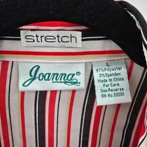 Joanna Red Black Stripe Stretch Button Poly Spandex L Blouse Top Shirt Large White