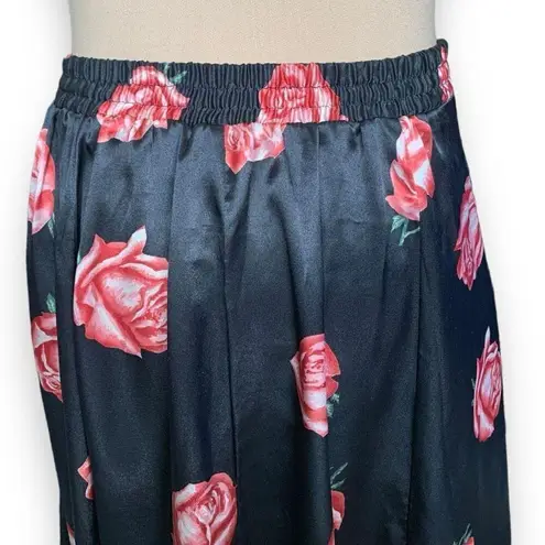 Notations Vintage Petite Skirt Black Red Rose Print Floral Button Front Cottage