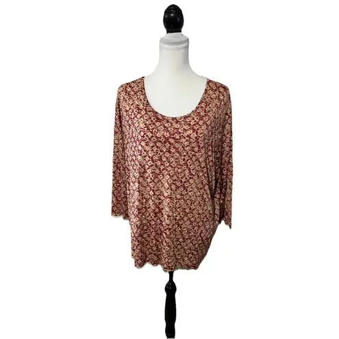 cj banks Slinky Blouse Plus Sz 2X 100% Silk Tunic Top Maroon & Tan 3/4 Sleeves