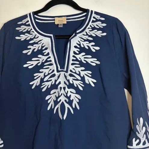 Elie Tahari Womens Tunic Top M/M Navy Blue Silver Embellished 3/4 Sleeve