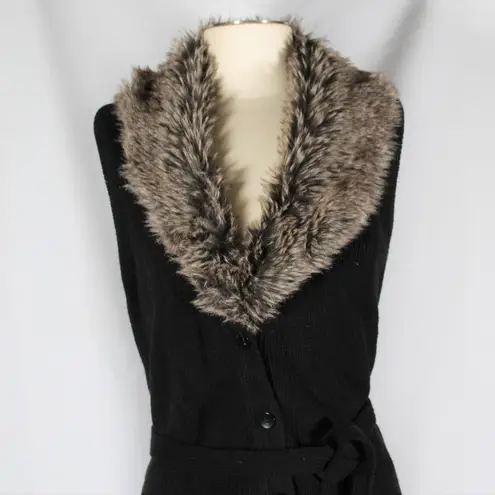 Attention Y2K Black Knit Sweater Vest with Tan Faux Fur Detachable Collar Button with Tie