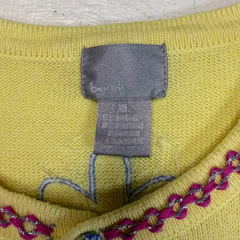 Berek Womens XL Cardigan Sweater Yellow Knit Beaded Poodle Flower Applique