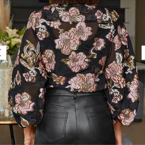 Boston Proper NTM: Organza Foil Burnout Floral Balloon Sleeve Sheer Blouse M