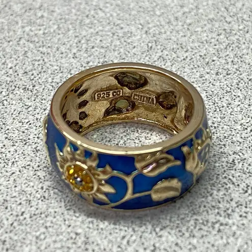 Gold Over Sterling Enamel 925 Sunflower Leaf Band Ring Blue Yellow Size 7