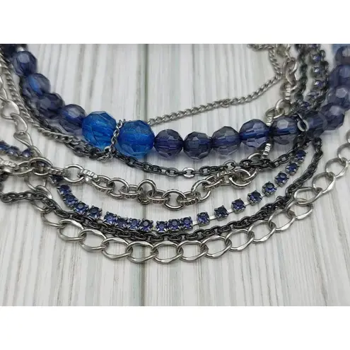 Multi Strand Silver Tone Chain Necklace Blue Bead Rhinestone Cup Rolo Gun Metal