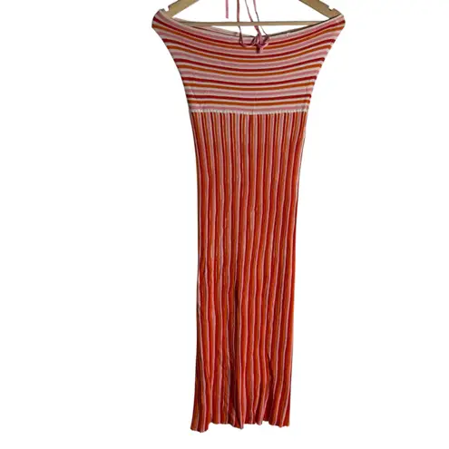 AMUR Valena Red Orange Pink Striped Knit Halter Neck Sleeveless Midi Dress Small