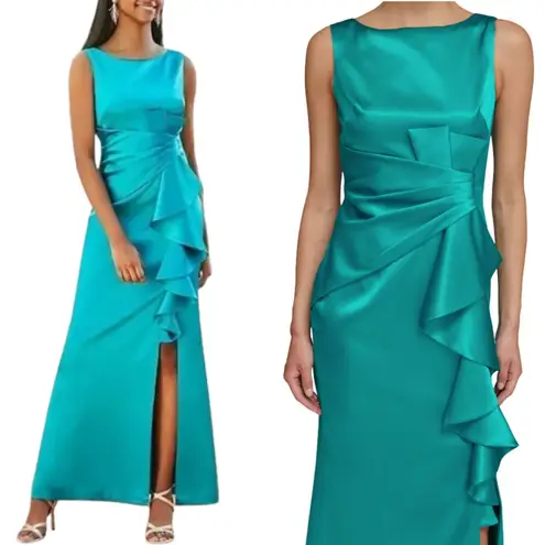 Eliza J Ruffle Satin Mermaid Maxi Gown Women's 14 Jade Green Formal Slit NWT