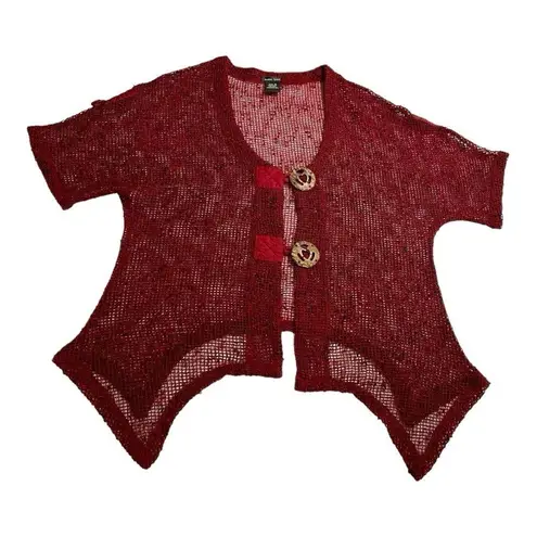 Katie Todd Cardigan Sweater M Medium Lagenlook Boxy Asymmetric Hem Open Knit Art Red
