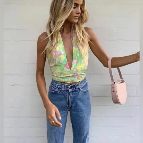 With Jean Rendezvous Floral Halter Wrap Top in Honeysuckle