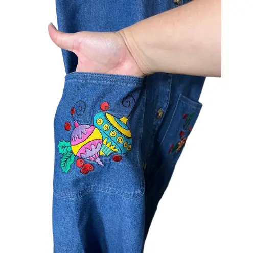 Westbound Vintage Christmas Denim Maxi Dress Button Front Embroidered L