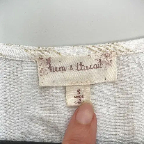 Hem & Thread Womens Striped Top Blouse V Neck Ruffle Cap Sleeve Tie Beige Small