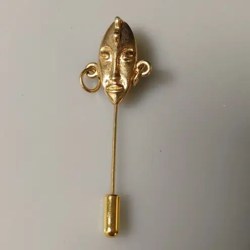 Art Deco Tribal Face Mask Label Stick Pin Gold Tone Unique Dangle Design 2 Inch