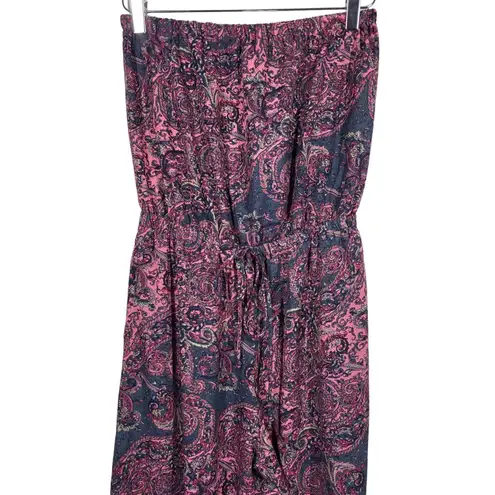 Elan Satin Paisley Strapless Cropped Wide Leg Jumpsuit in Navy/Pink
