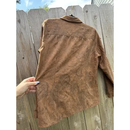 Tantrums Womens Size Large Brown Print Button Up Shirt Long Sleeve Square Button