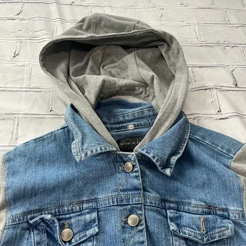 Live a Little Vintage Denim Hoodie Jean Jacket Women’s XL Gray Knit Sleeves Blue