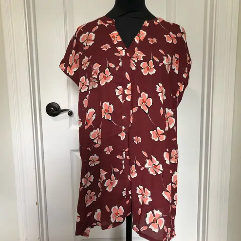 Alfani Women's Blouse Top Split Neck Short Sleeve Floral Maroon Size XL NWT