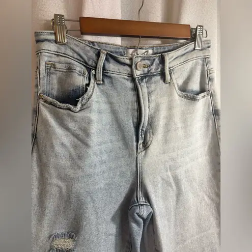 Risen High Rise Distresed Crop Straight Denim Jeans Light Wash Size 7/28 0437 Blue