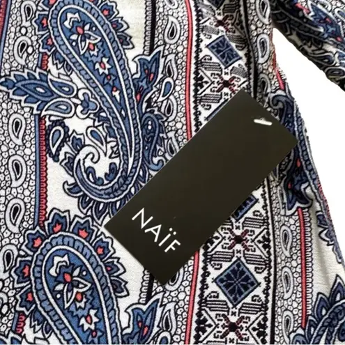 Naif Blue White Paisley Mixed Print 3/4 Sleeve Tie Accent Boho Dress Medium NEW