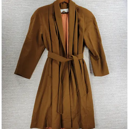Vintage J. Hilary Wool Coat Womens 4 Belted Camel Brown Long Trench Made in USA