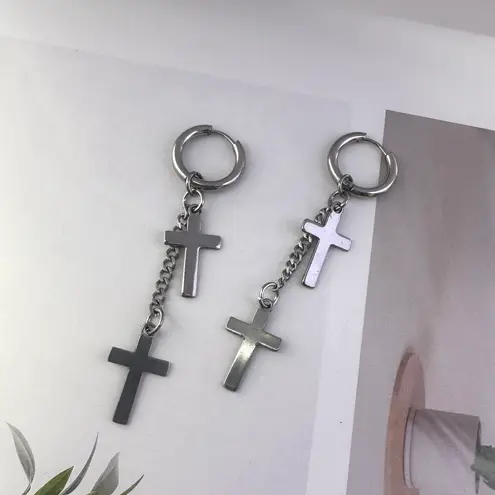 Cross Dangle Drop Earrings for Men Women Streetwear Hip Hop Unisex Style Silver