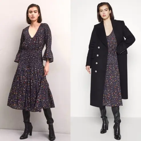 Veronica Beard NWT Shireen Button-Front Floral Print Pleated Dress in Ink Sz 2