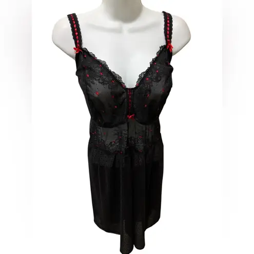 Cacique Sexy Sheer Babydoll Nightie Sz 22/24 Plus Lace Dotted Skirt Black Red