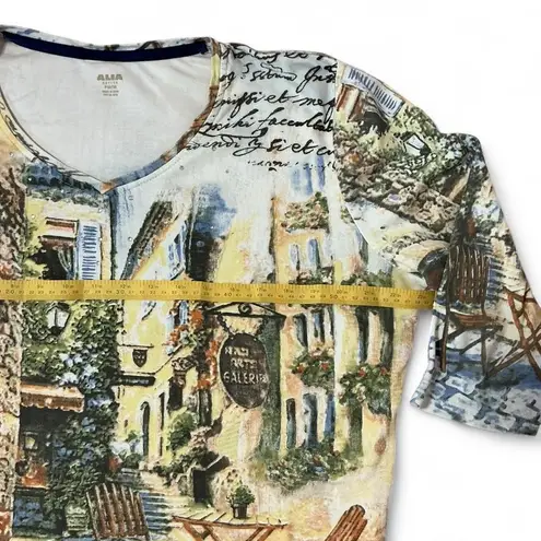 Alia Petite Art Gallery Print Top Rhinestone Detail 3/4 Sleeve V Neck Yellow Size undefined